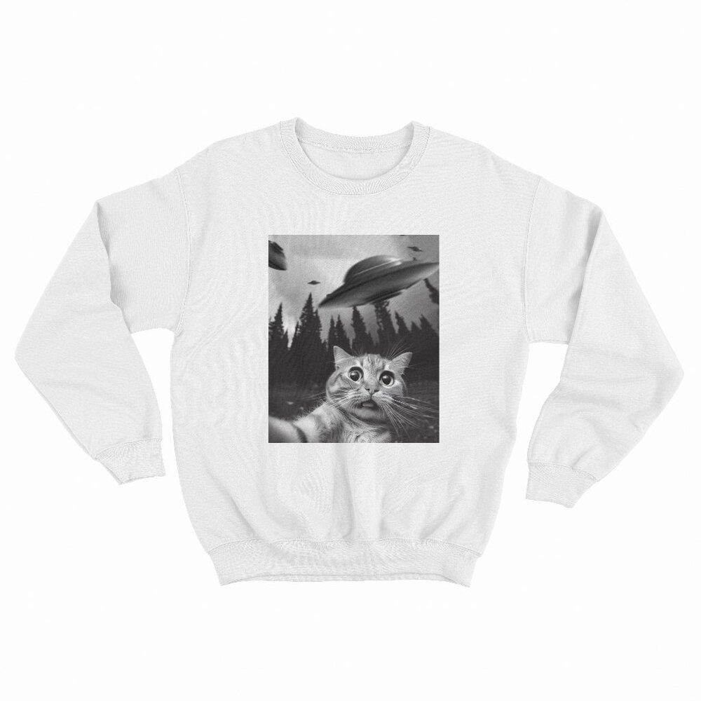 Funny Cat Selfie with UFOs White Sweater
